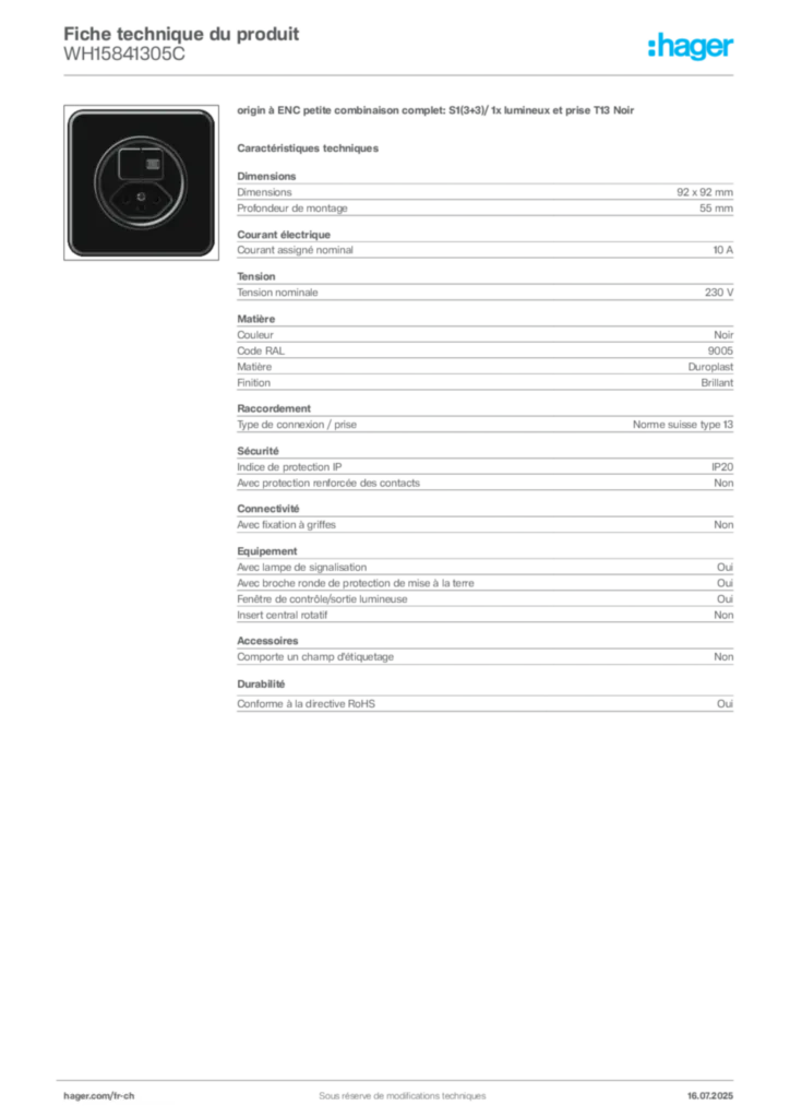 Image Hager Fiche technique du produit WH15841305C | Hager Suisse