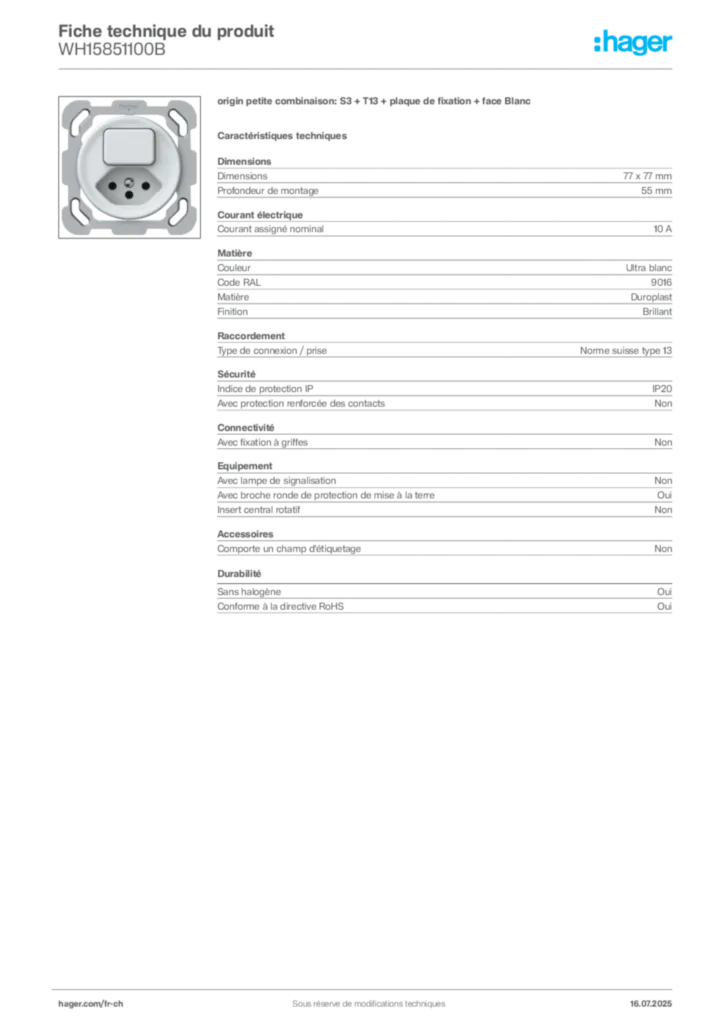 Image Hager Fiche technique du produit WH15851100B | Hager Suisse
