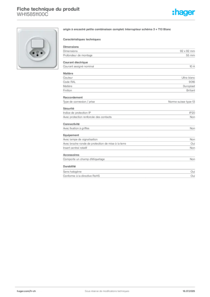 Image Hager Fiche technique du produit WH15851100C | Hager Suisse
