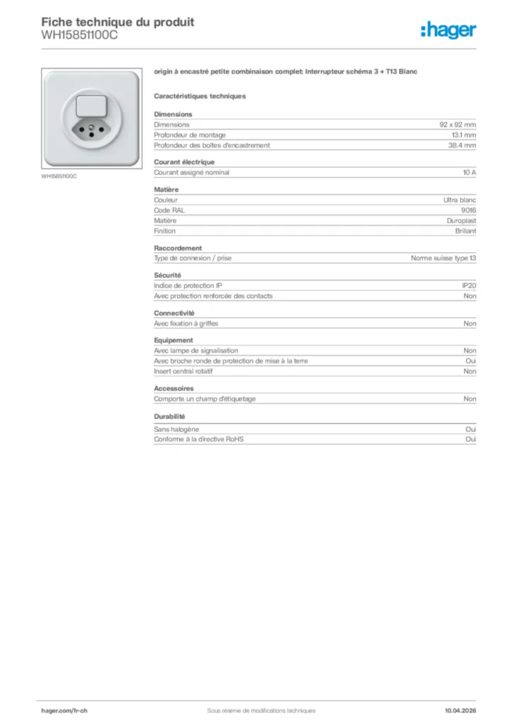 Image Hager Fiche technique du produit WH15851100C | Hager Suisse