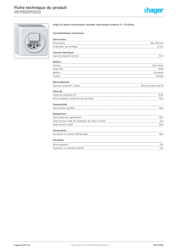 Image Hager Fiche technique du produit WH15851100Q | Hager Suisse