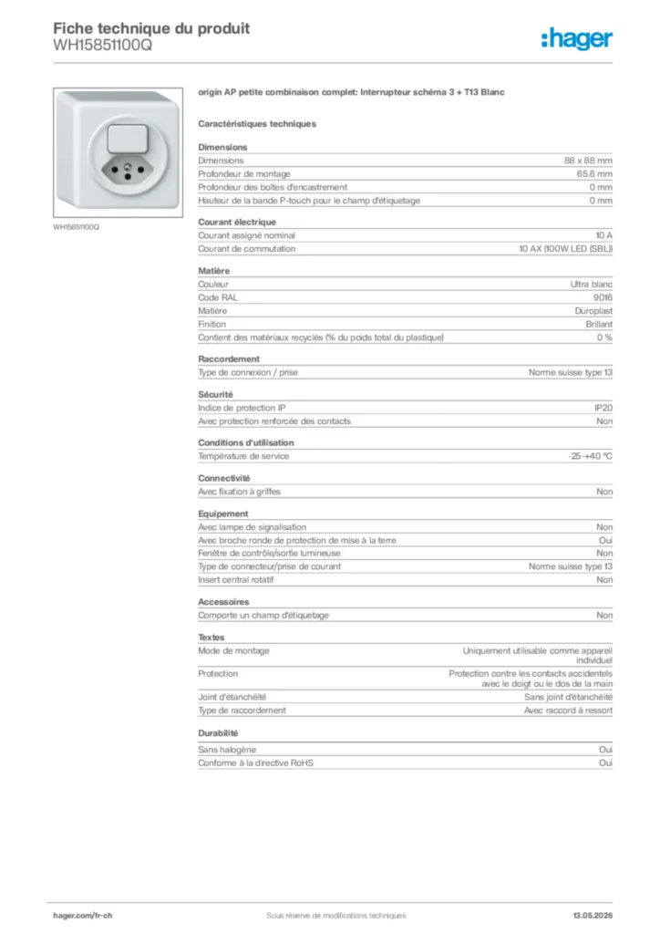 Image Hager Fiche technique du produit WH15851100Q | Hager Suisse