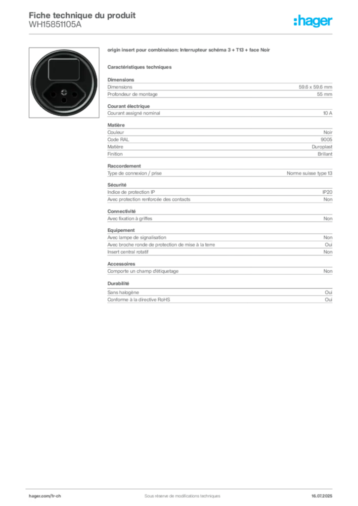 Image Hager Fiche technique du produit WH15851105A | Hager Suisse