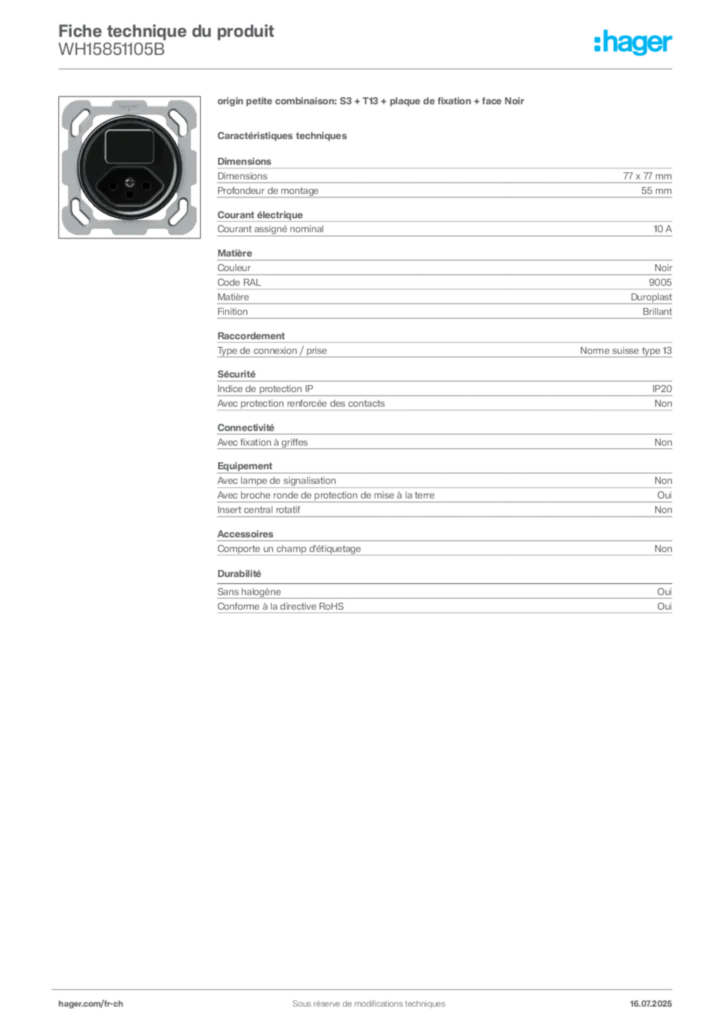 Image Hager Fiche technique du produit WH15851105B | Hager Suisse