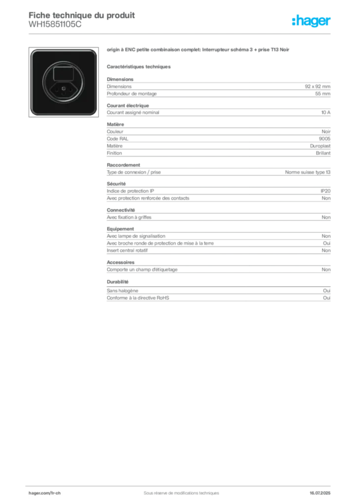 Image Hager Fiche technique du produit WH15851105C | Hager Suisse