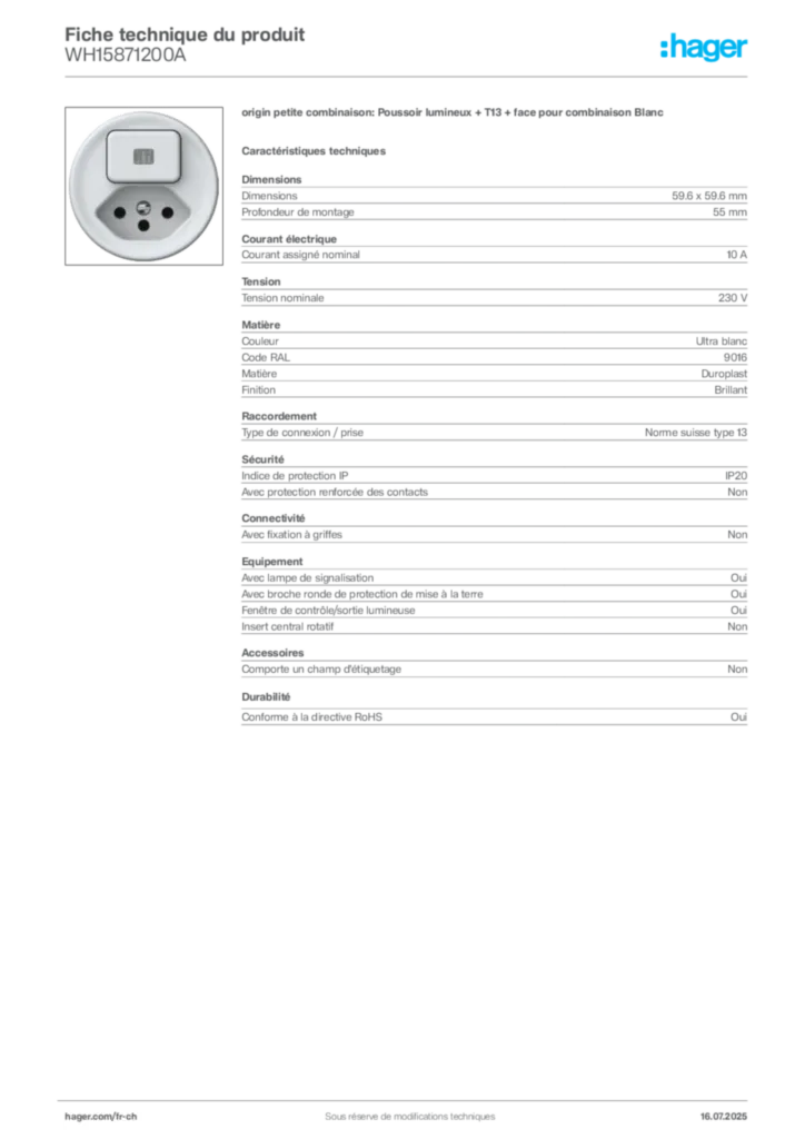 Image Hager Fiche technique du produit WH15871200A | Hager Suisse
