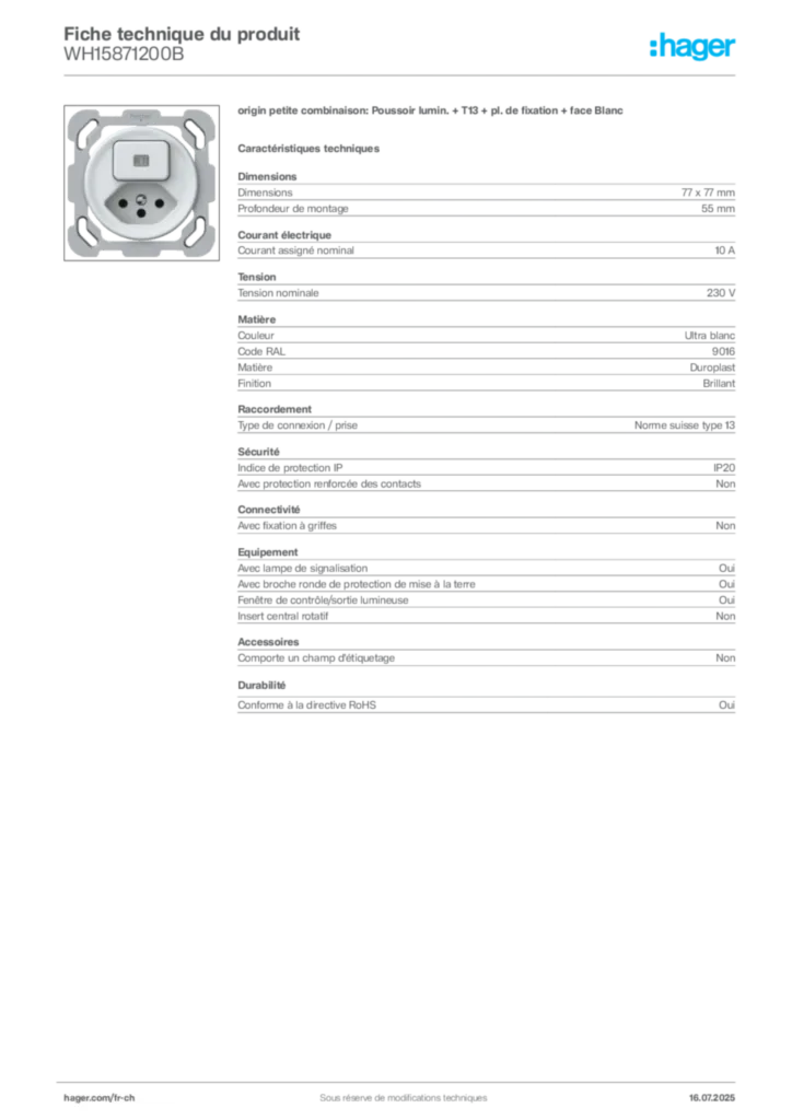 Image Hager Fiche technique du produit WH15871200B | Hager Suisse