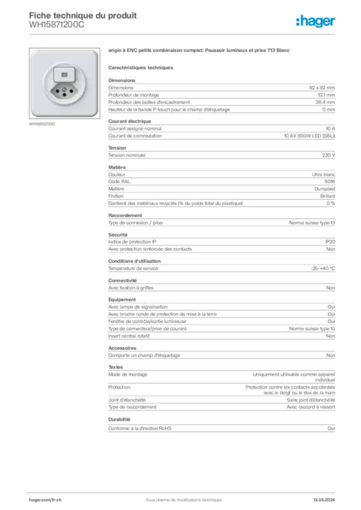 Image Hager Fiche technique du produit WH15871200C | Hager Suisse