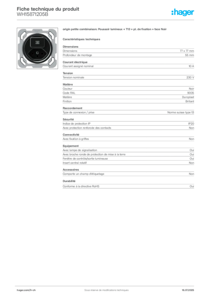 Image Hager Fiche technique du produit WH15871205B | Hager Suisse