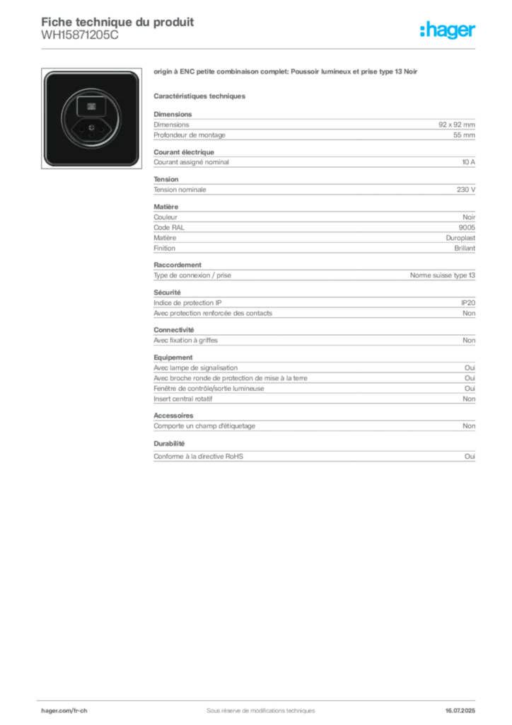 Image Hager Fiche technique du produit WH15871205C | Hager Suisse