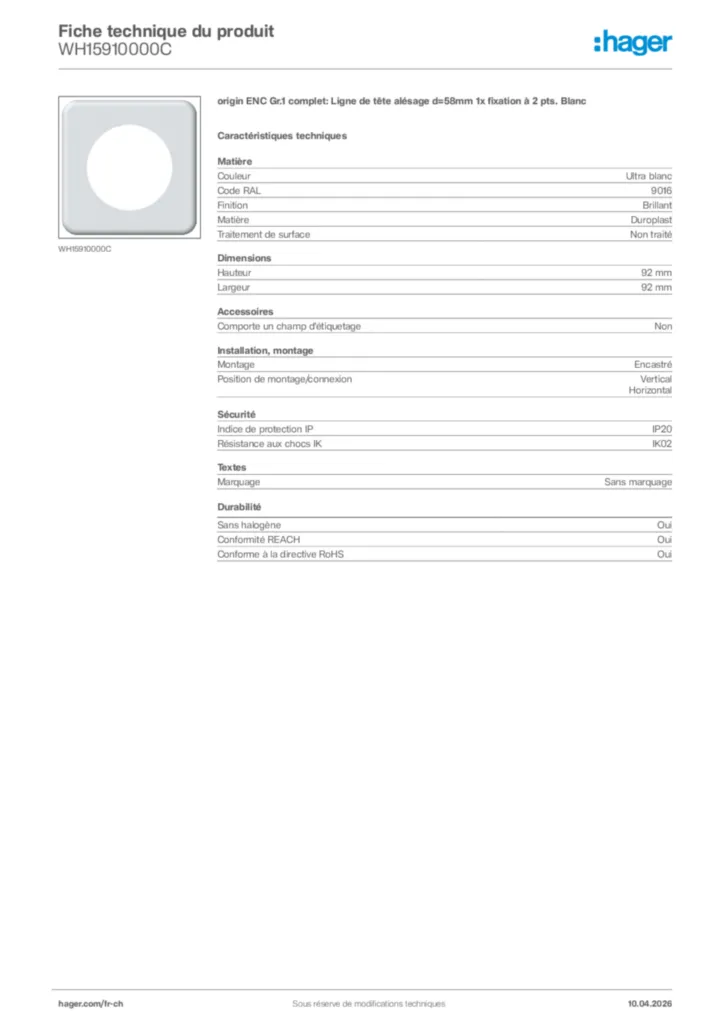 Image Hager Fiche technique du produit WH15910000C | Hager Suisse