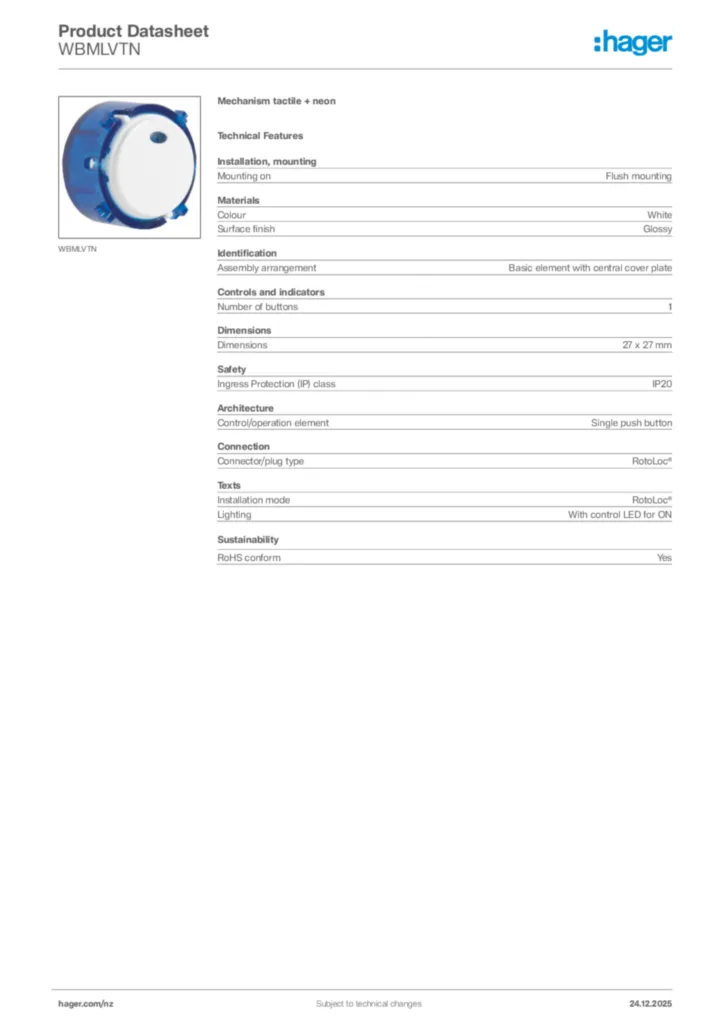 Image Hager Product data sheet WBMLVTN  | Hager New Zealand