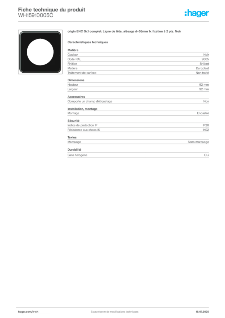 Image Hager Fiche technique du produit WH15910005C | Hager Suisse