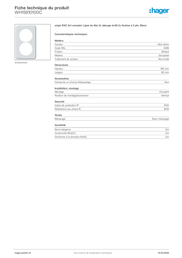 Image Hager Fiche technique du produit WH15910100C | Hager Suisse