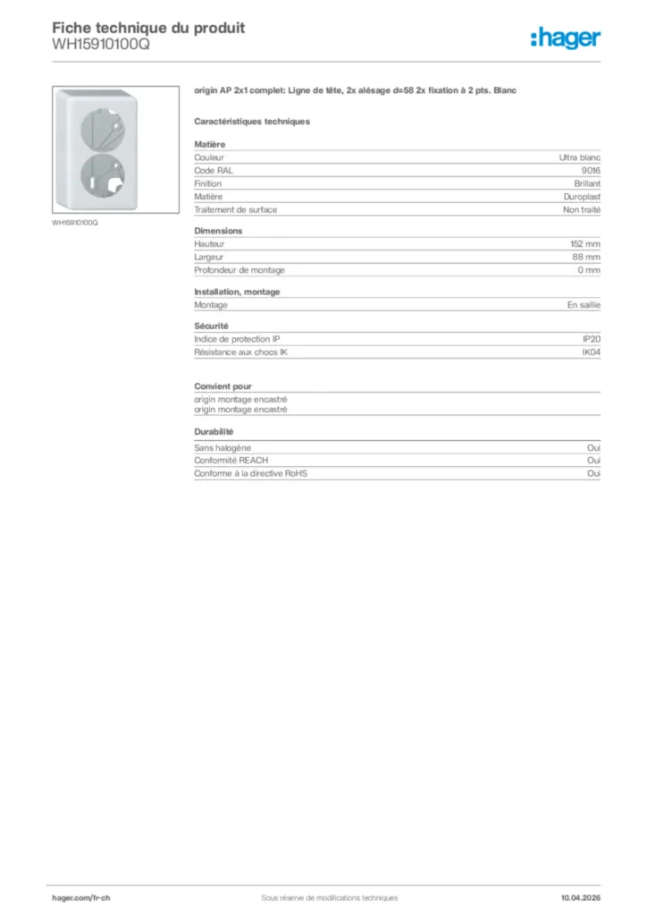 Image Hager Fiche technique du produit WH15910100Q | Hager Suisse