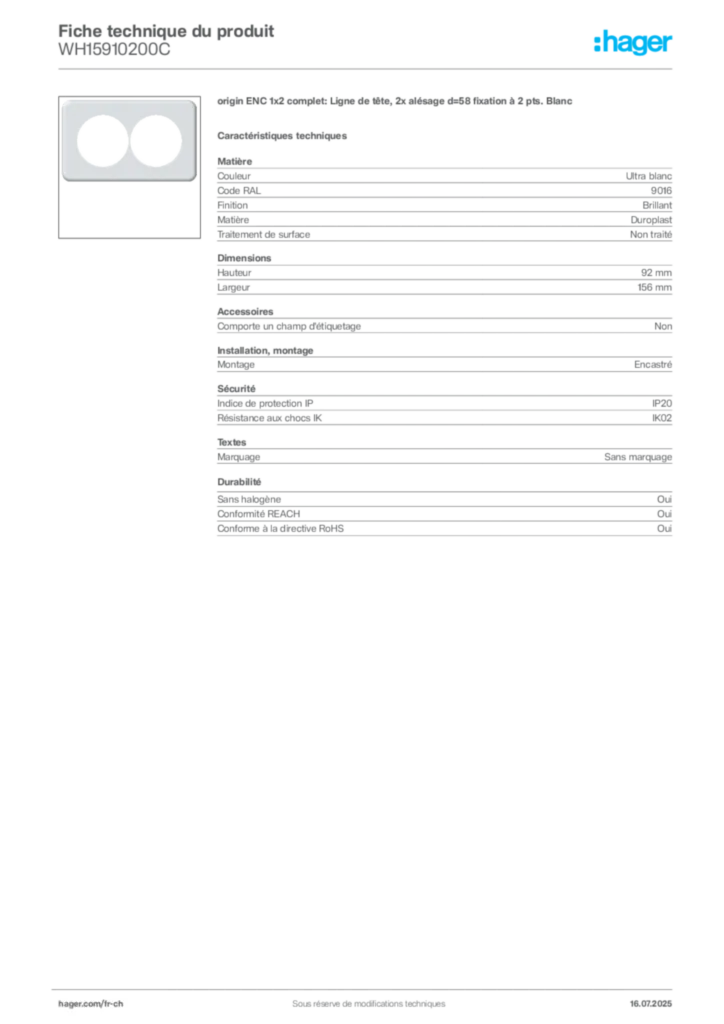 Image Hager Fiche technique du produit WH15910200C | Hager Suisse