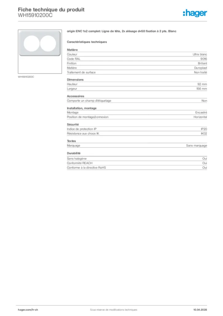 Image Hager Fiche technique du produit WH15910200C | Hager Suisse