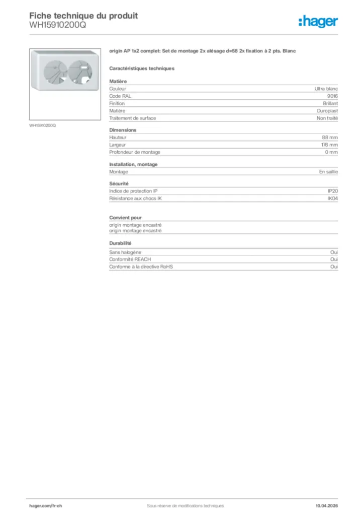 Image Hager Fiche technique du produit WH15910200Q | Hager Suisse