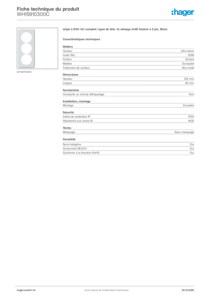 Image Hager Fiche technique du produit WH15910300C | Hager Suisse