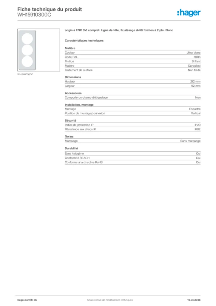 Image Hager Fiche technique du produit WH15910300C | Hager Suisse