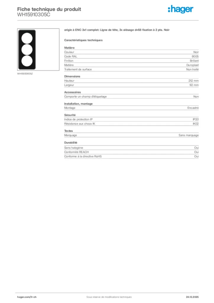 Image Hager Fiche technique du produit WH15910305C | Hager Suisse