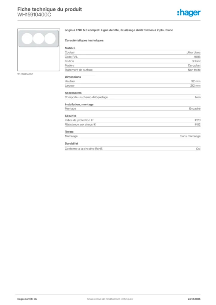 Image Hager Fiche technique du produit WH15910400C | Hager Suisse