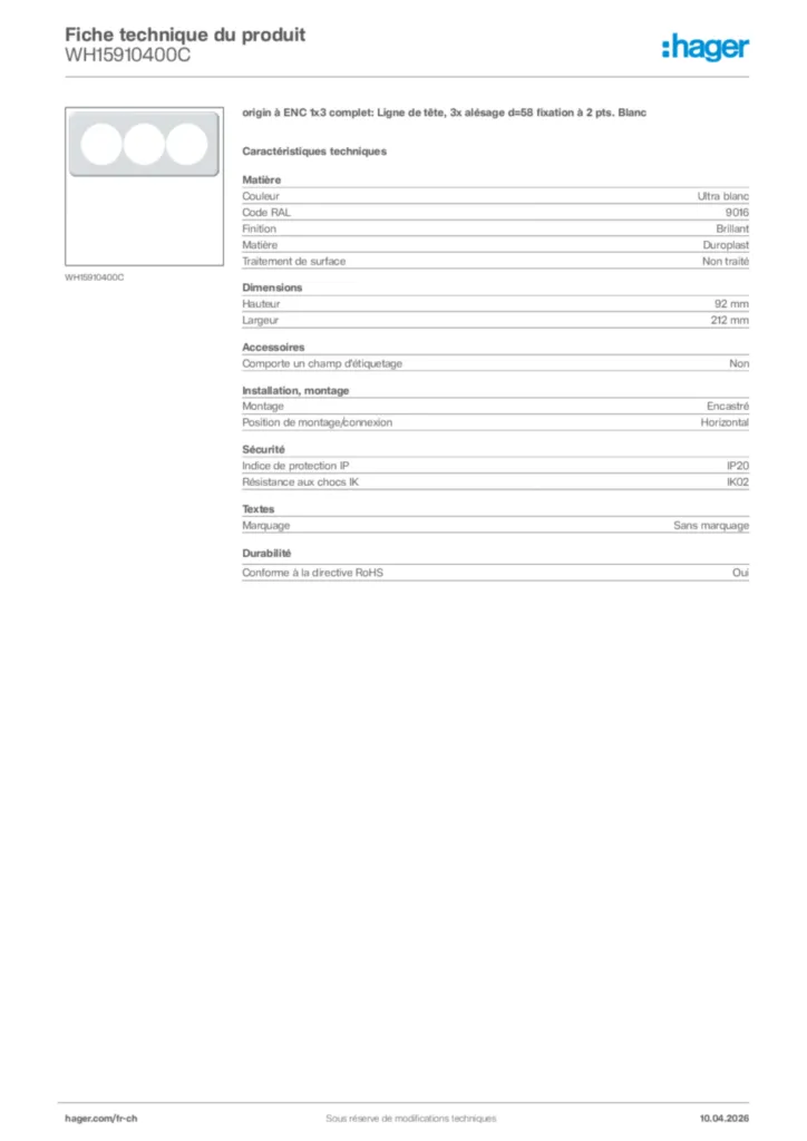 Image Hager Fiche technique du produit WH15910400C | Hager Suisse