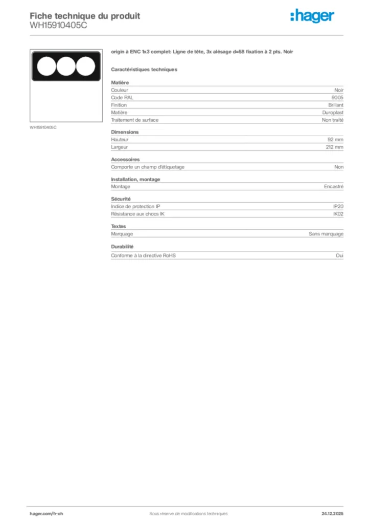 Image Hager Fiche technique du produit WH15910405C | Hager Suisse