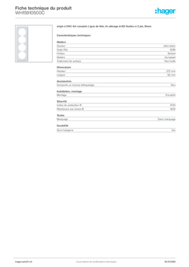 Image Hager Fiche technique du produit WH15910500C | Hager Suisse