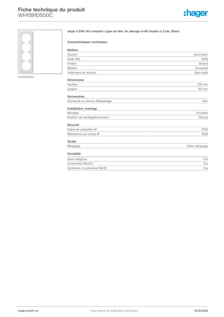 Image Hager Fiche technique du produit WH15910500C | Hager Suisse