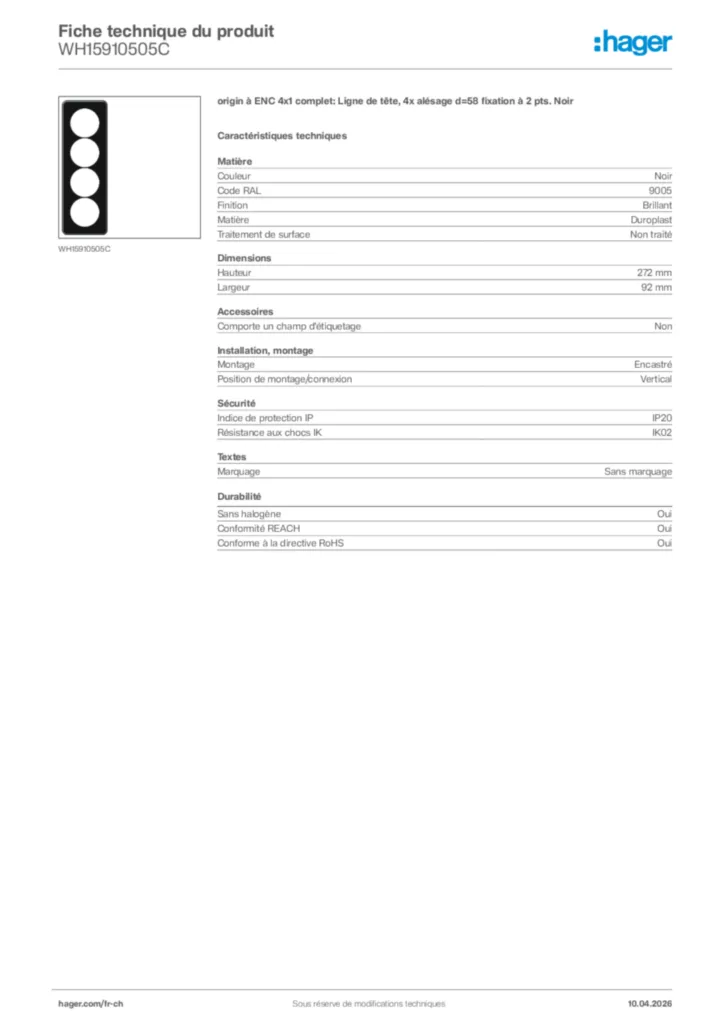Image Hager Fiche technique du produit WH15910505C | Hager Suisse