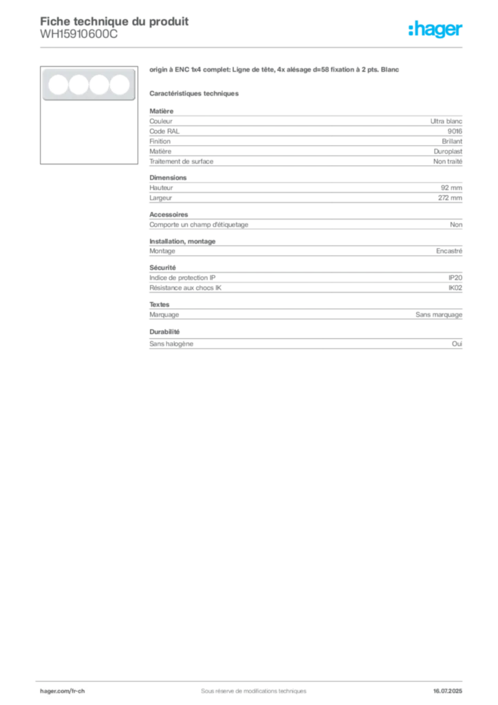Image Hager Fiche technique du produit WH15910600C | Hager Suisse