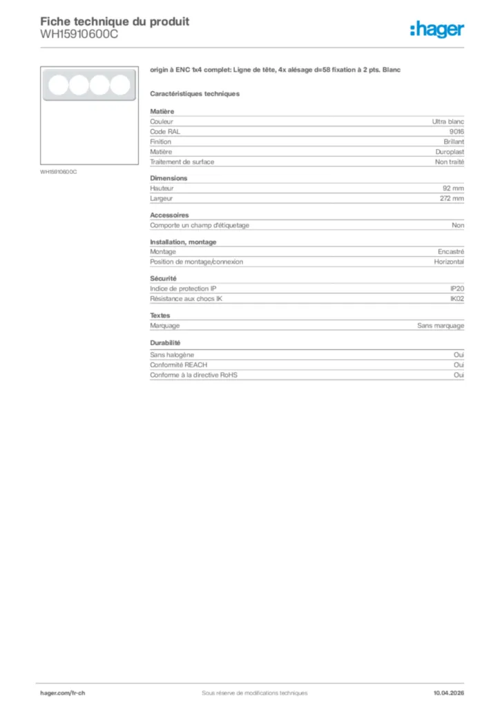 Image Hager Fiche technique du produit WH15910600C | Hager Suisse
