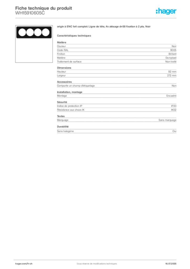 Image Hager Fiche technique du produit WH15910605C | Hager Suisse