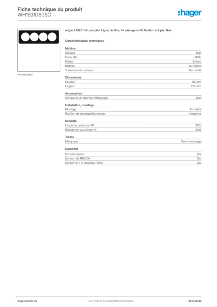 Image Hager Fiche technique du produit WH15910605C | Hager Suisse