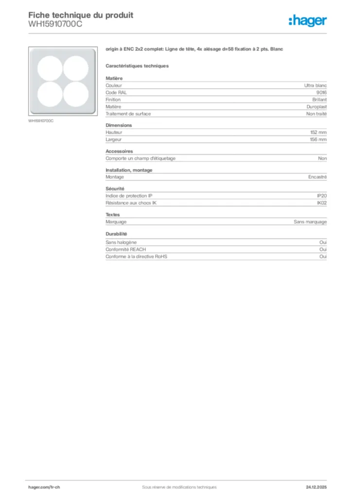 Image Hager Fiche technique du produit WH15910700C | Hager Suisse