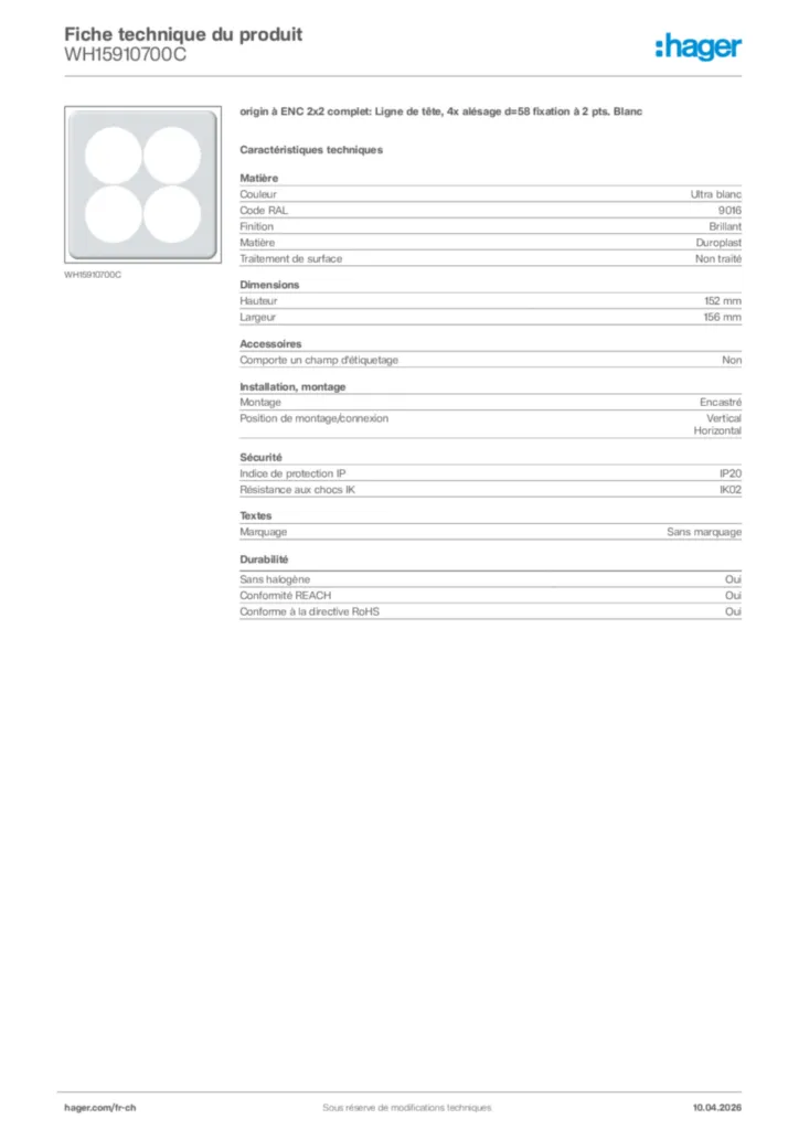 Image Hager Fiche technique du produit WH15910700C | Hager Suisse