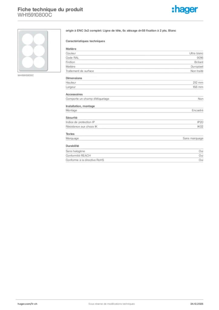 Image Hager Fiche technique du produit WH15910800C | Hager Suisse