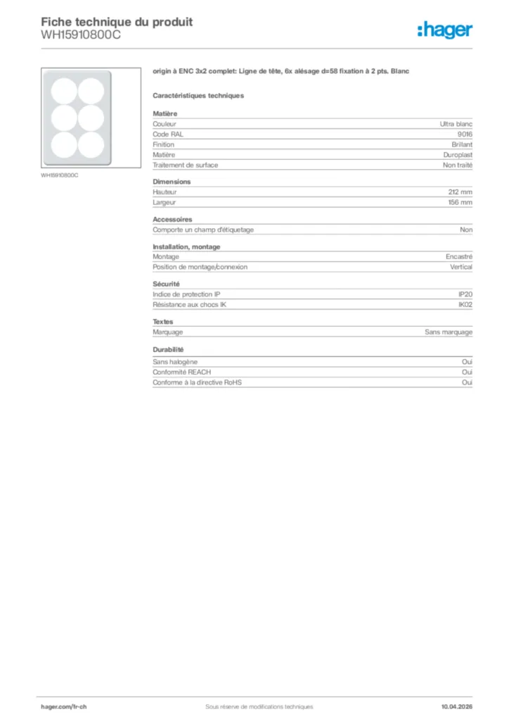 Image Hager Fiche technique du produit WH15910800C | Hager Suisse