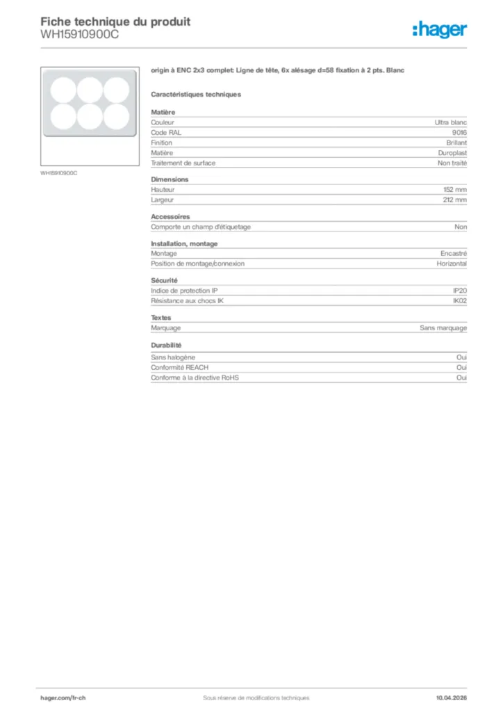 Image Hager Fiche technique du produit WH15910900C | Hager Suisse