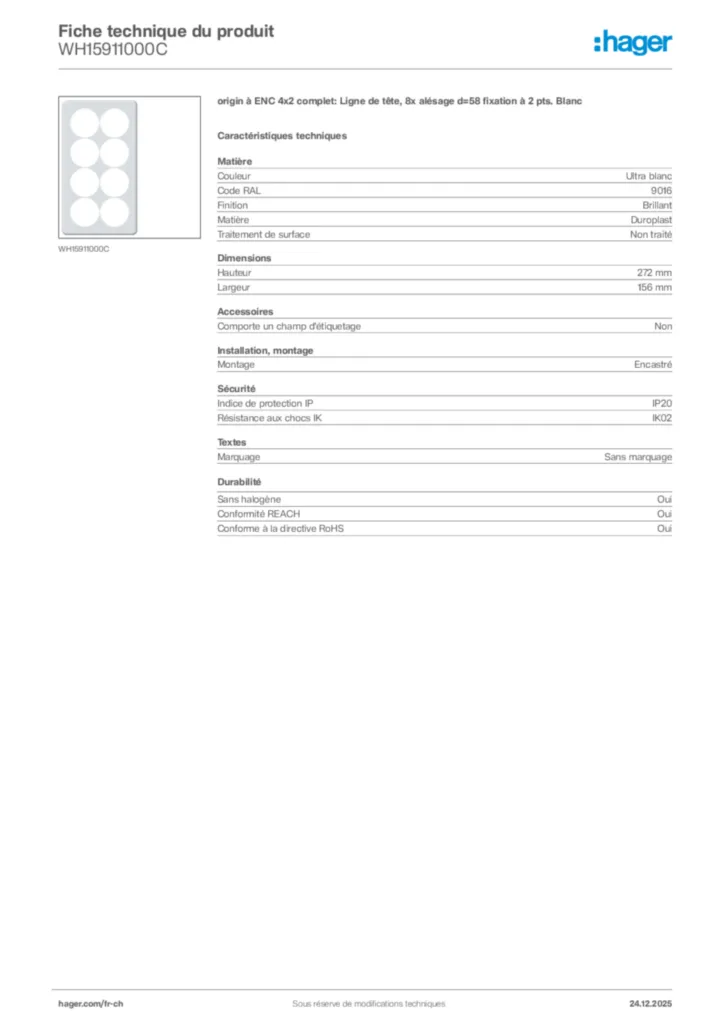 Image Hager Fiche technique du produit WH15911000C | Hager Suisse