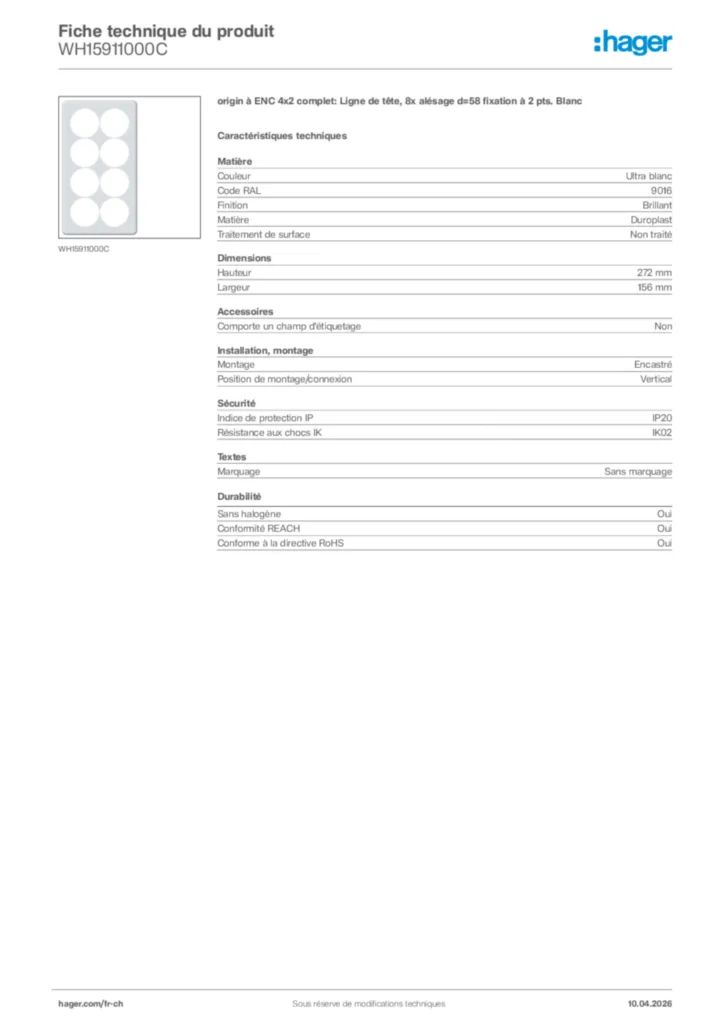 Image Hager Fiche technique du produit WH15911000C | Hager Suisse