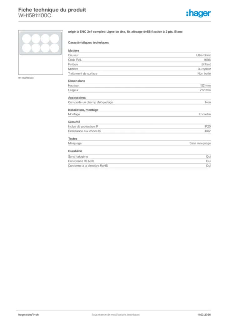 Image Hager Fiche technique du produit WH15911100C | Hager Suisse