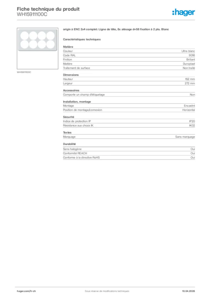 Image Hager Fiche technique du produit WH15911100C | Hager Suisse