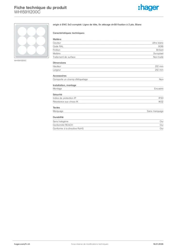 Image Hager Fiche technique du produit WH15911200C | Hager Suisse