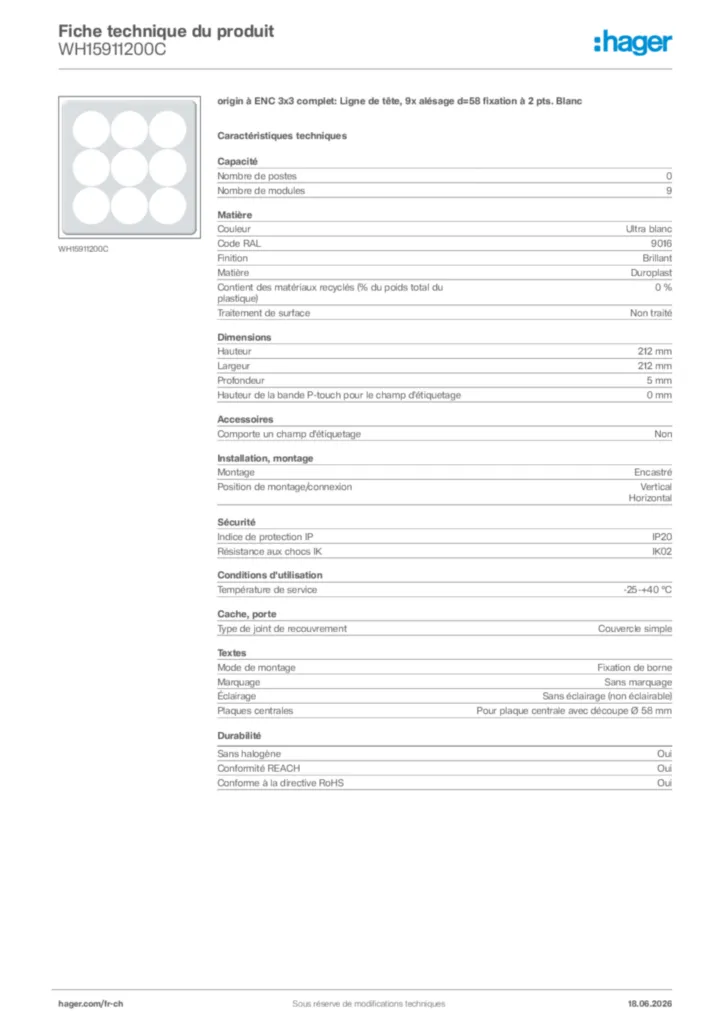 Image Hager Fiche technique du produit WH15911200C | Hager Suisse