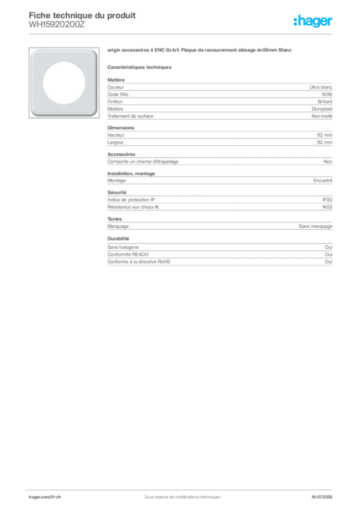 Image Hager Fiche technique du produit WH15920200Z | Hager Suisse