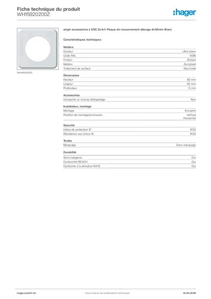 Image Hager Fiche technique du produit WH15920200Z | Hager Suisse