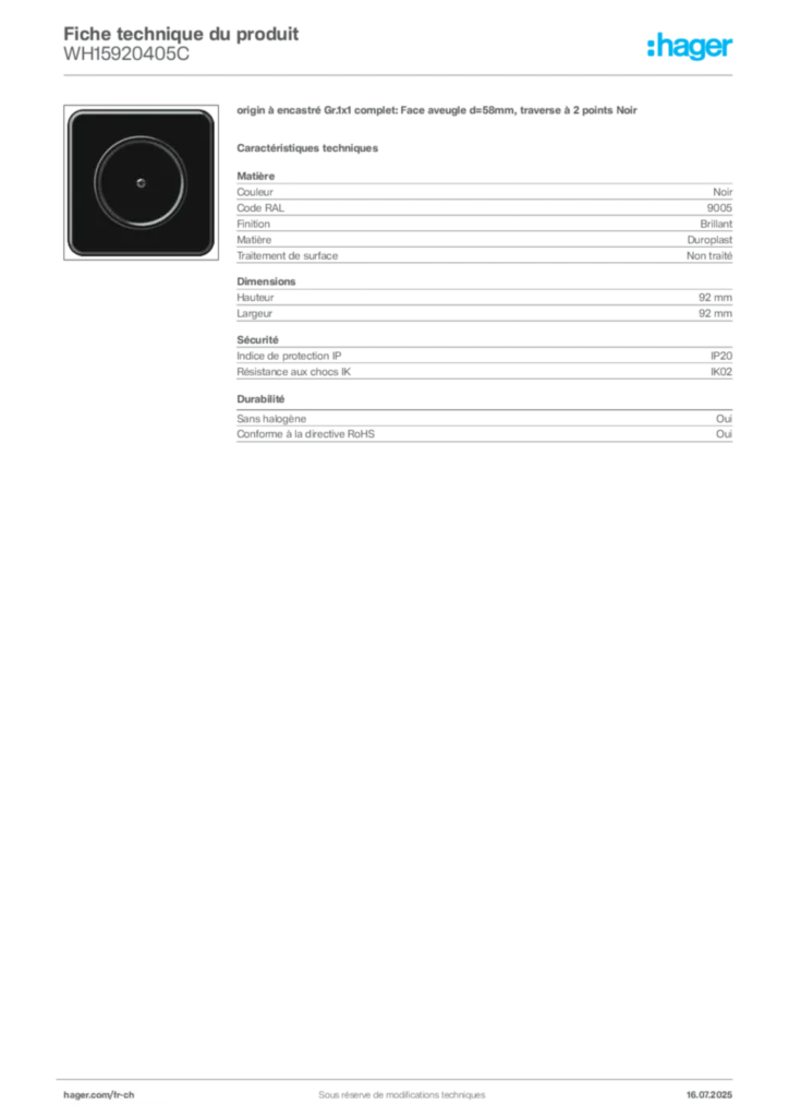Image Hager Fiche technique du produit WH15920405C | Hager Suisse