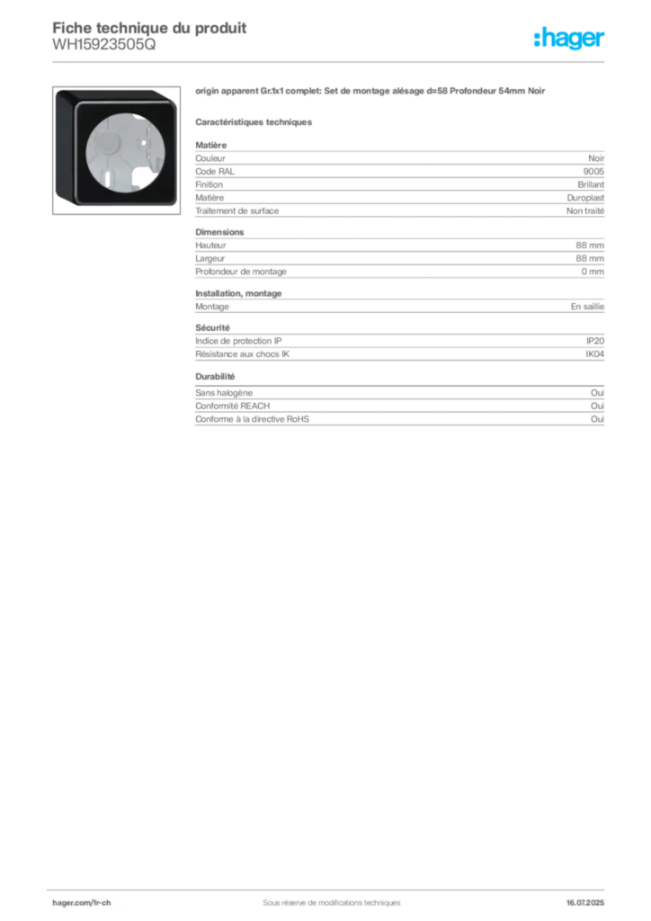 Image Hager Fiche technique du produit WH15923505Q | Hager Suisse